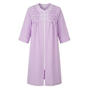 NEW Miss Elaine Lilac Gingham Zip Front Smocked Robe Housecoat Medium